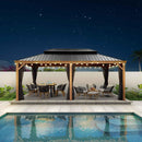PURPLE LEAF Hardtop Gazebo for Patio Wood Grain Aluminum Frame Awning with String Lights-milky