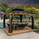 PURPLE LEAF Hardtop Gazebo for Patio Wood Grain Aluminum Frame Awning with String Lights-milky
