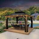 PURPLE LEAF Hardtop Gazebo for Patio Wood Grain Aluminum Frame Awning with String Lights-milky