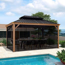 PURPLE LEAF Hardtop Gazebo for Patio Wood Grain Aluminum Frame Awning with Netting