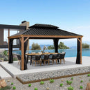 PURPLE LEAF Hardtop Gazebo for Patio Wood Grain Aluminum Frame Awning with Netting