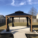 PURPLE LEAF Hardtop Gazebo for Patio Wood Grain Aluminum Frame Awning with Netting