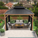 PURPLE LEAF Hardtop Gazebo for Patio Wood Grain Aluminum Frame Awning with Netting