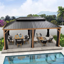 PURPLE LEAF Hardtop Gazebo for Patio Wood Grain Aluminum Frame Awning with Netting