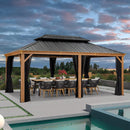 PURPLE LEAF Hardtop Gazebo for Patio Wood Grain Aluminum Frame Awning with Netting