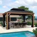 PURPLE LEAF Hardtop Gazebo for Patio Wood Grain Aluminum Frame Awning with Netting