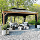 PURPLE LEAF Hardtop Gazebo for Patio Wood Grain Aluminum Frame Awning with Netting