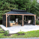 PURPLE LEAF Hardtop Gazebo for Patio Wood Grain Aluminum Frame Awning with Netting