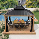 PURPLE LEAF Hardtop Gazebo for Patio Wood Grain Aluminum Frame Awning with Netting