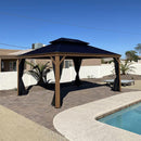 PURPLE LEAF Hardtop Gazebo for Patio Wood Grain Aluminum Frame Awning with Netting