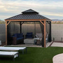 PURPLE LEAF Hardtop Gazebo for Patio Wood Grain Aluminum Frame Awning with Netting