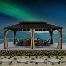 PURPLE LEAF Outdoor Hardtop Gazebo for Garden Bronze Double Roof Aluminum Frame Pavilion with String Lights-milky