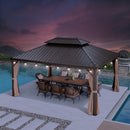PURPLE LEAF Outdoor Hardtop Gazebo for Garden Bronze Double Roof Aluminum Frame Pavilion with String Lights-milky