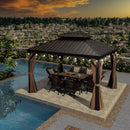 PURPLE LEAF Outdoor Hardtop Gazebo for Garden Bronze Double Roof Aluminum Frame Pavilion with String Lights-milky