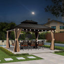 PURPLE LEAF Outdoor Hardtop Gazebo for Garden Bronze Double Roof Aluminum Frame Pavilion with String Lights-clear