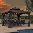 PURPLE LEAF Outdoor Hardtop Gazebo for Patio Bronze Aluminum Frame Pavilion with Navy-Blue Curtain and String Lights-clear