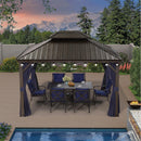 PURPLE LEAF Outdoor Hardtop Gazebo for Patio Bronze Aluminum Frame Pavilion with Navy-Blue Curtain and String Lights-milky