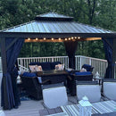 PURPLE LEAF Outdoor Hardtop Gazebo for Patio Bronze Aluminum Frame Pavilion with Navy-Blue Curtain and String Lights-milky
