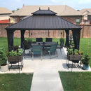 PURPLE LEAF Outdoor Hardtop Gazebo for Patio Bronze Aluminum Frame Pavilion with Navy-Blue Curtain and Reinforced Support Rods