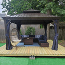 PURPLE LEAF Outdoor Hardtop Gazebo for Patio Bronze Aluminum Frame Pavilion with Navy-Blue Curtain and Reinforced Support Rods