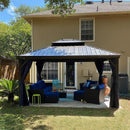 PURPLE LEAF Outdoor Hardtop Gazebo for Patio Bronze Aluminum Frame Pavilion with Navy-Blue Curtain and Reinforced Support Rods