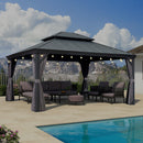 PURPLE LEAF Patio Gazebo for Backyard Grey Hardtop Galvanized Steel Roof Awning with String Lights-clear