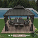 PURPLE LEAF Patio Gazebo for Backyard Grey Hardtop Galvanized Steel Roof Awning with String Lights-clear