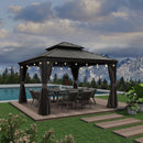 PURPLE LEAF Patio Gazebo for Backyard Grey Hardtop Galvanized Steel Roof Awning with String Lights-clear