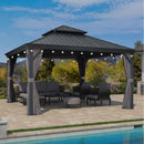 PURPLE LEAF Patio Gazebo for Backyard Grey Hardtop Galvanized Steel Roof Awning with String Lights-clear