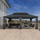 PURPLE LEAF Patio Gazebo for Backyard Grey Hardtop Galvanized Steel Roof Awning with String Lights-clear