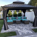 PURPLE LEAF Patio Gazebo for Backyard Grey Hardtop Galvanized Steel Roof Awning with Upgrade Curtain