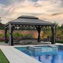 PURPLE LEAF Patio Gazebo for Pool Light Grey Hardtop Galvanized Steel Roof with String Lights-clear