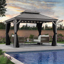 PURPLE LEAF Patio Gazebo for Pool Light Grey Hardtop Galvanized Steel Roof with String Lights-clear