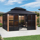 PURPLE LEAF Sunroom Hardtop Gazebo with Wood Grain Columns Black Frame Double Roof Galvanized Steel Solarium All-Weather Screen House