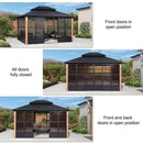 PURPLE LEAF Sunroom Hardtop Gazebo with Wood Grain Columns Black Frame Double Roof Galvanized Steel Solarium All-Weather Screen House
