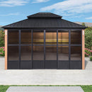 PURPLE LEAF Sunroom Hardtop Gazebo with Wood Grain Columns Black Frame Double Roof Galvanized Steel Solarium All-Weather Screen House