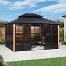PURPLE LEAF Sunroom Hardtop Gazebo with Wood Grain Columns Black Frame Double Roof Galvanized Steel Solarium All-Weather Screen House