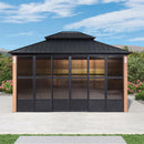 PURPLE LEAF Sunroom Hardtop Gazebo with Wood Grain Columns Black Frame Double Roof Galvanized Steel Solarium All-Weather Screen House