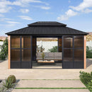 PURPLE LEAF Sunroom Hardtop Gazebo with Wood Grain Columns Black Frame Double Roof Galvanized Steel Solarium All-Weather Screen House