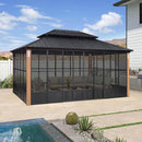 PURPLE LEAF Sunroom Hardtop Gazebo with Wood Grain Columns Black Frame Double Roof Galvanized Steel Solarium All-Weather Screen House