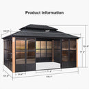 PURPLE LEAF Sunroom Hardtop Gazebo with Wood Grain Columns Black Frame Double Roof Galvanized Steel Solarium All-Weather Screen House