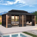 PURPLE LEAF Sunroom Hardtop Gazebo with Wood Grain Columns Black Frame Double Roof Galvanized Steel Solarium All-Weather Screen House