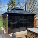 PURPLE LEAF Sunroom Hardtop Gazebo with Wood Grain Columns Black Frame Double Roof Galvanized Steel Solarium All-Weather Screen House