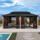 PURPLE LEAF Sunroom Hardtop Gazebo with Wood Grain Columns Black Frame Double Roof Galvanized Steel Solarium All-Weather Screen House