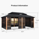 PURPLE LEAF Sunroom Hardtop Gazebo with Wood Grain Columns Black Frame Double Roof Galvanized Steel Solarium All-Weather Screen House