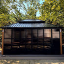 PURPLE LEAF Sunroom Hardtop Gazebo with Wood Grain Columns Black Frame Double Roof Galvanized Steel Solarium All-Weather Screen House