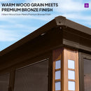 PURPLE LEAF Bronze Frame Sunroom Hardtop Gazebo Solarium Wood Grain Columns Galvanized Steel Double Roof All-Weather Screen House
