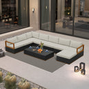PURPLE LEAF Griffin U-shaped Patio Conversation Set Black with Cushion Pillows Ottoman and Premium Leather for Gathering Entertaining