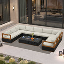 PURPLE LEAF Griffin U-shaped Patio Conversation Set Black with Cushion Pillows Ottoman and Premium Leather for Gathering Entertaining