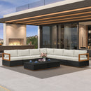 PURPLE LEAF Griffin L-shaped Patio Conversation Set Black with Cushion Pillows Ottoman and Premium Leather for Patio Balcony